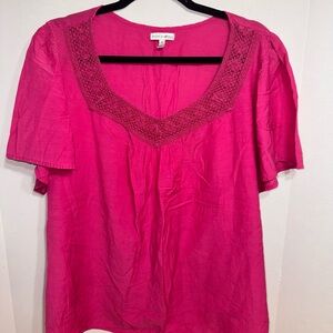 Vintage Fashion Bug Womens Size 1X Pink Short Sleeve V-Neck Crotchet Trim Blouse